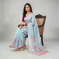 Blue Tussar Floral Silk Saree