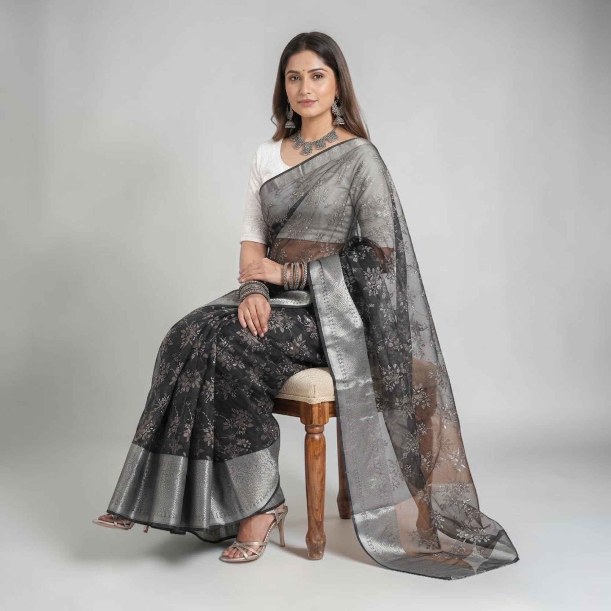 Black Grey Floral Tissue Saree