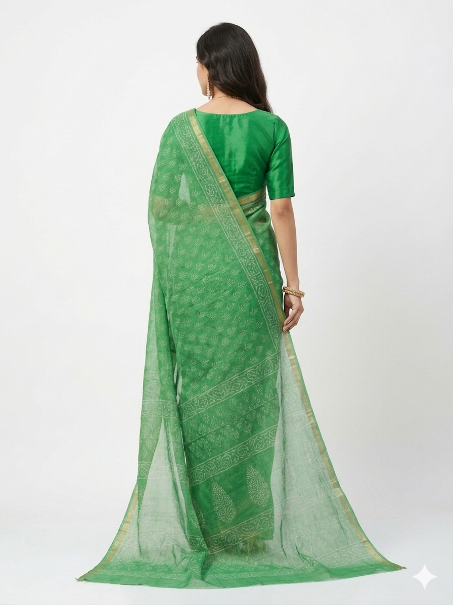 Green Leaf Handblock Kota Cotton Saree