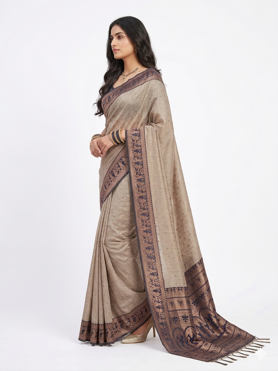 Golden Black Zari Work Silk Saree