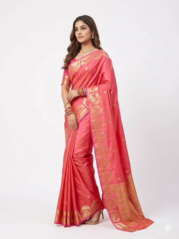 Peach Double Shade Zari Work Silk Saree
