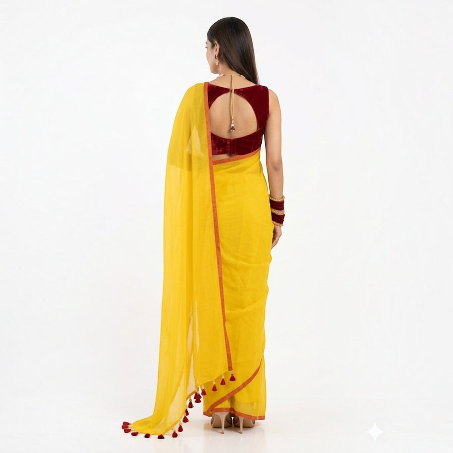 Yellow Plain Handwoven Cotton Saree