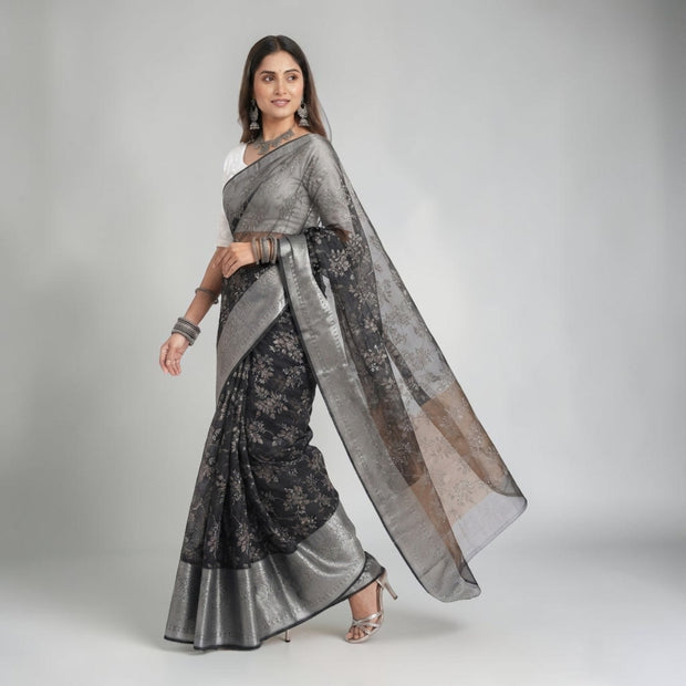 Black Grey Floral Tissue Saree