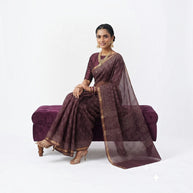 Brown Leaf Handblock Kota Cotton Saree