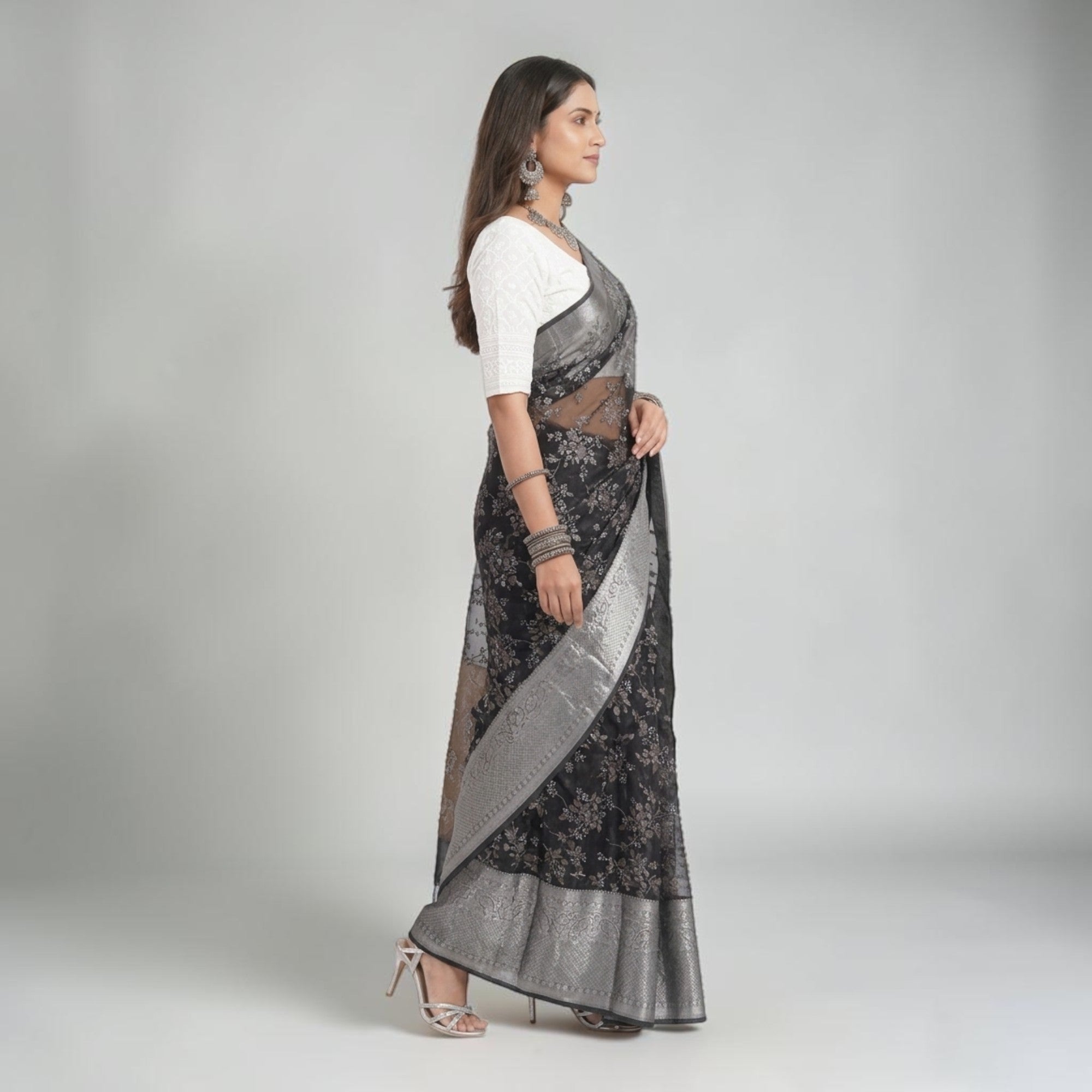 Black Grey Floral Tissue Saree