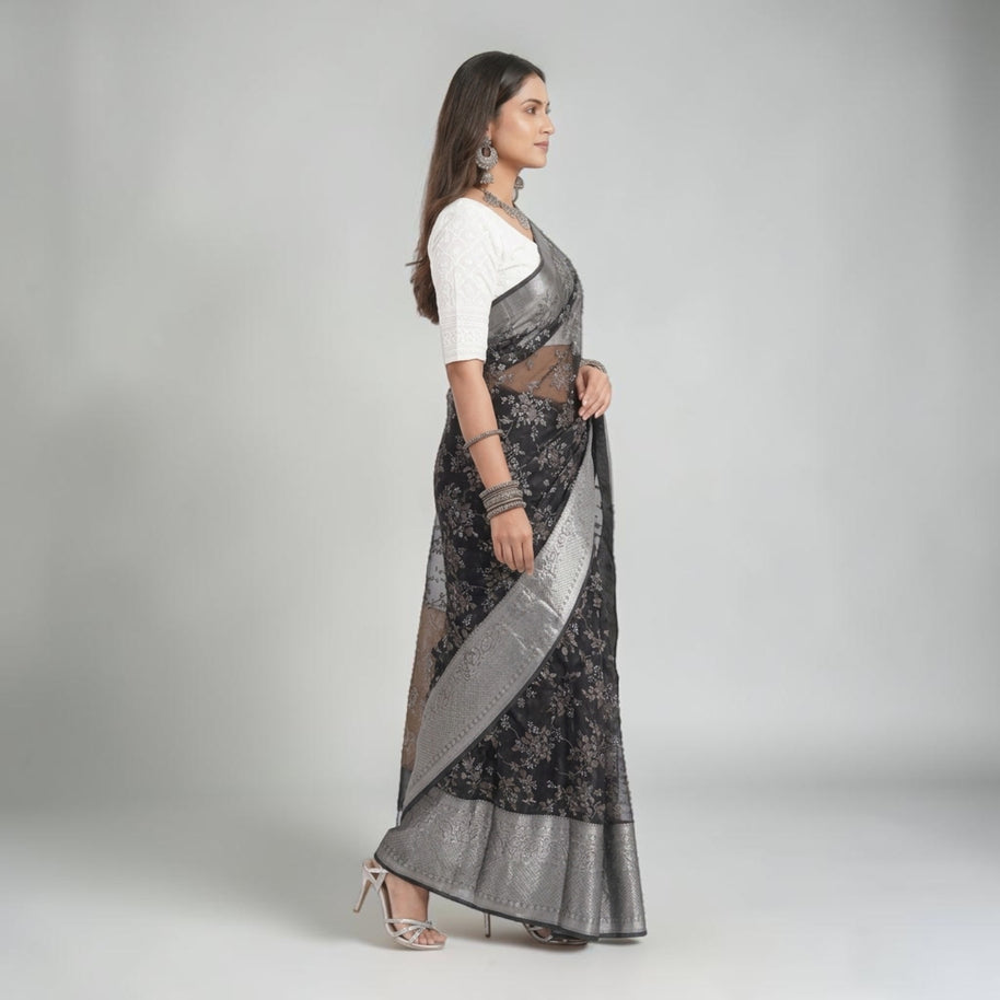Black Grey Floral Tissue Saree