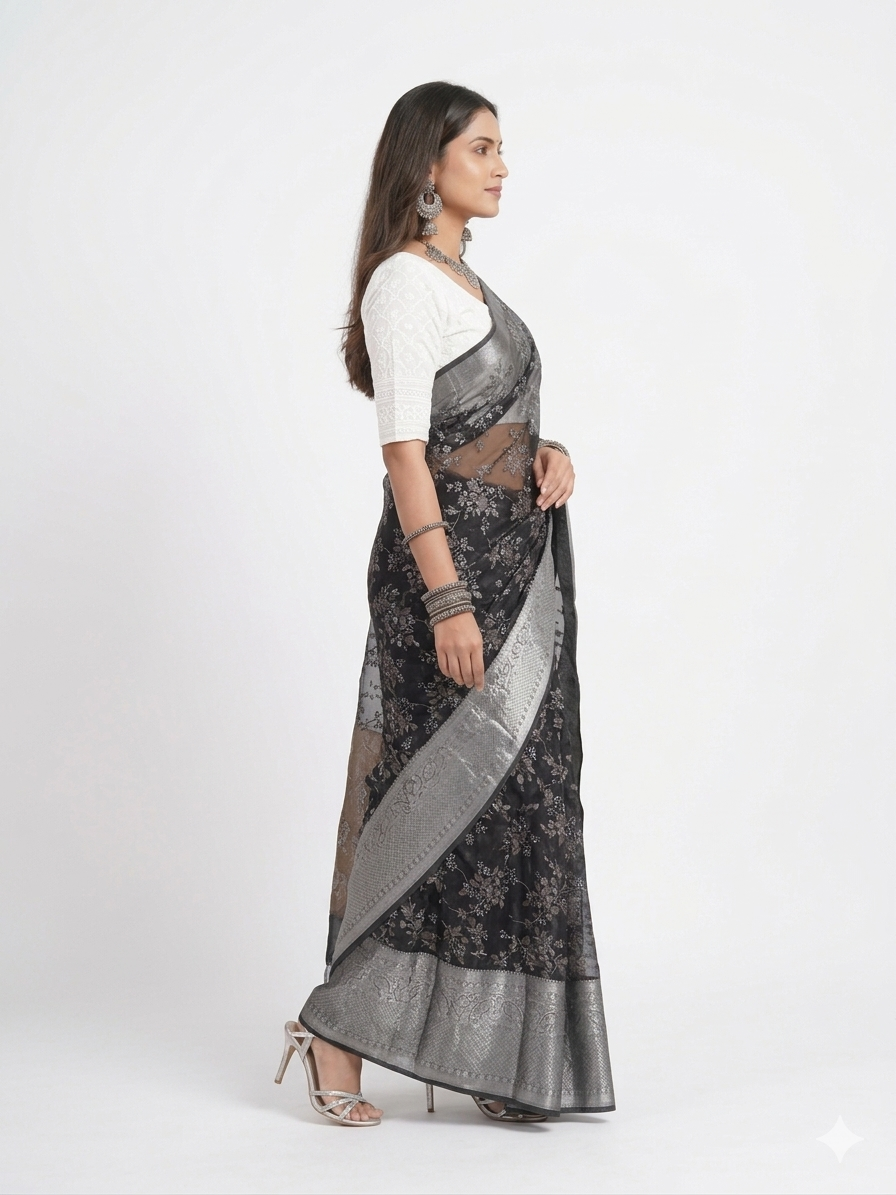 Black Grey Floral Tissue Saree