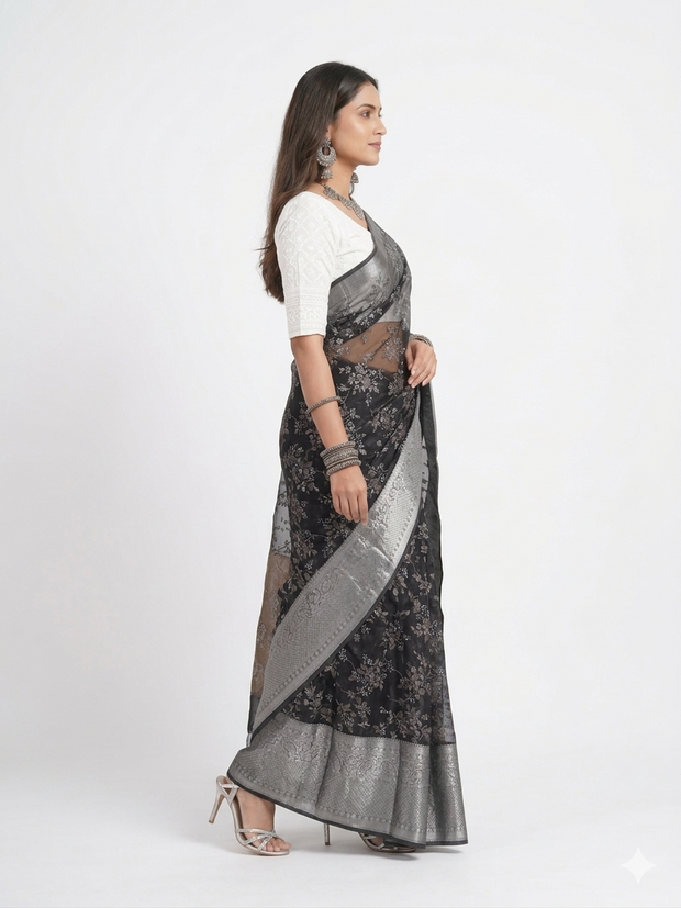 Black Grey Floral Tissue Saree