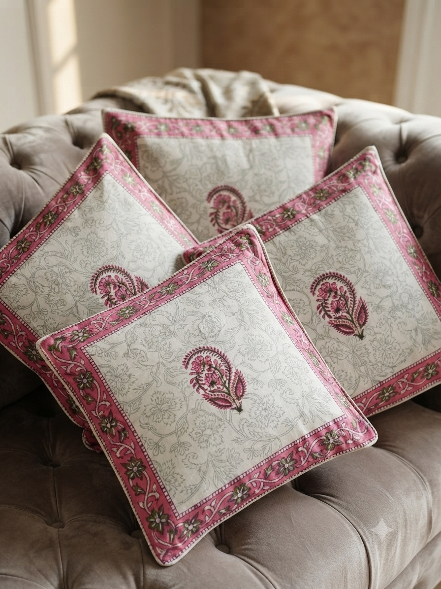 White Handblock Cotton Cushion