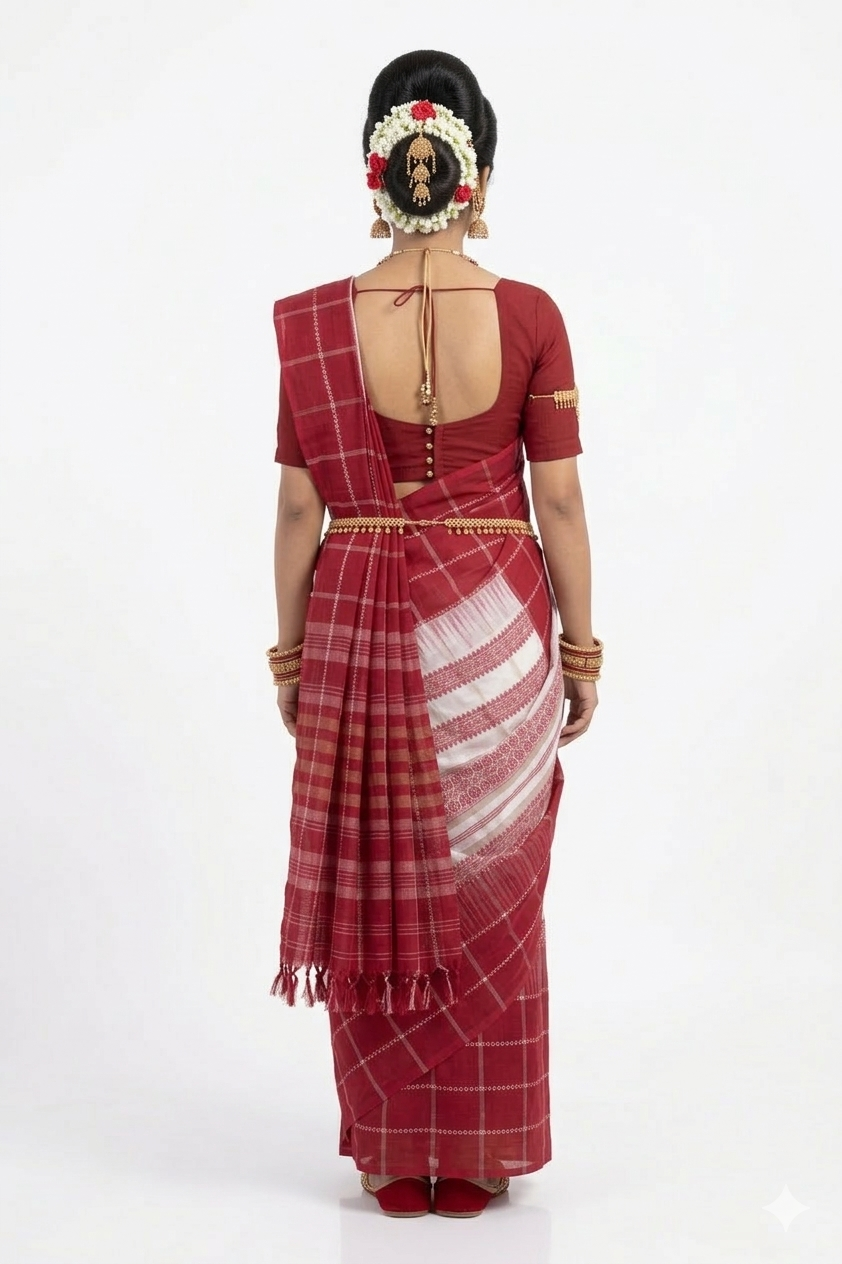 White Red Check Handwoven Cotton Saree