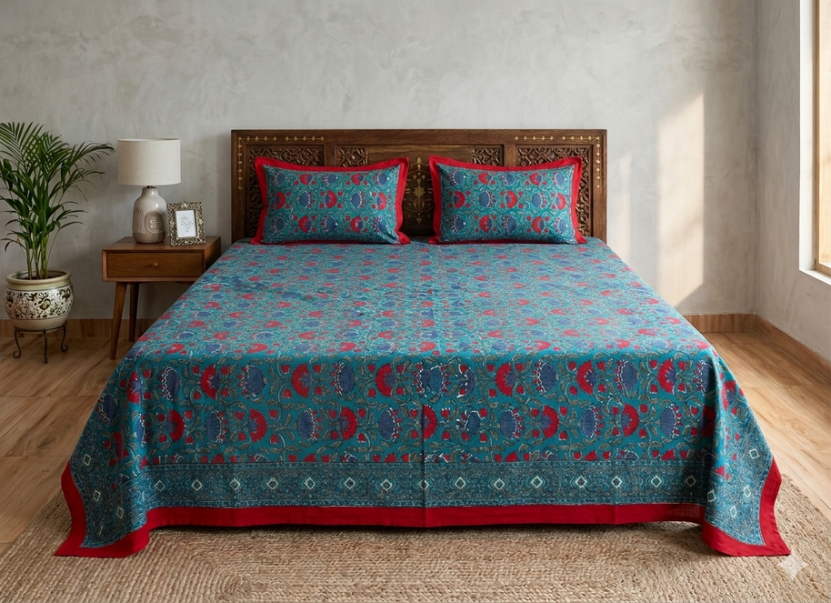 Green Multi Handblock Print Double Bedsheet