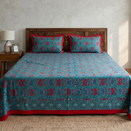 Green Multi Handblock Print Double Bedsheet