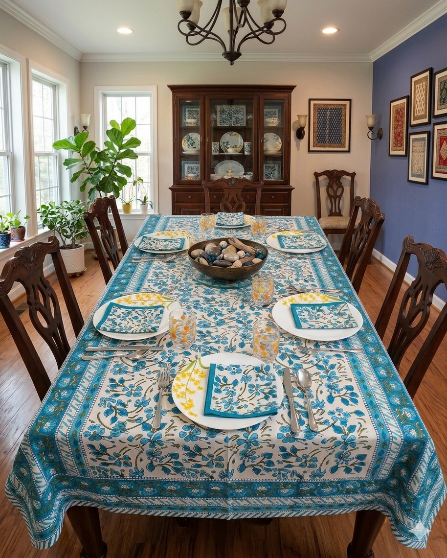 Handblock Print Cotton 6 Seater Rectangular Table Cover