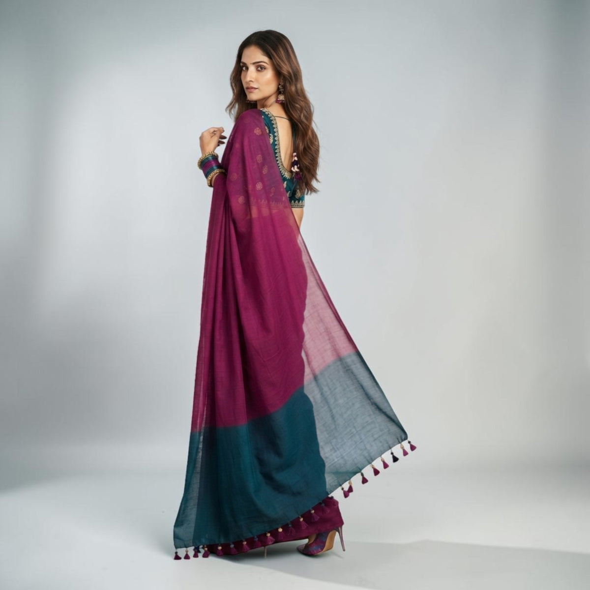 Purple Teal Handloom Cotton Saree