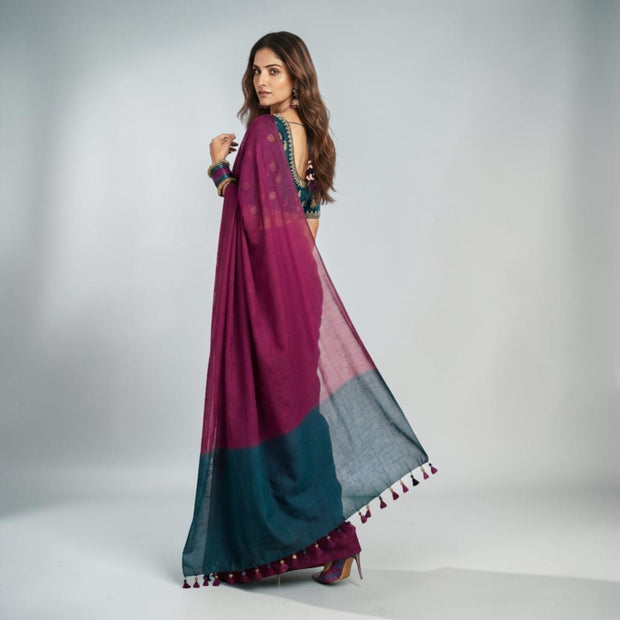 Purple Teal Handloom Cotton Saree