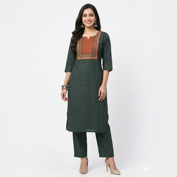 Green Stripe Cotton Kurta Set