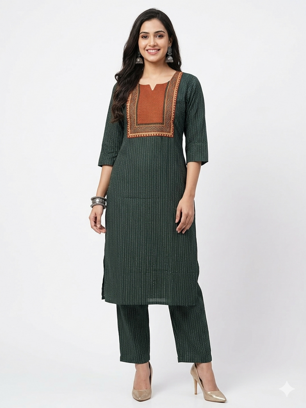 Green Stripe Cotton Kurta Set