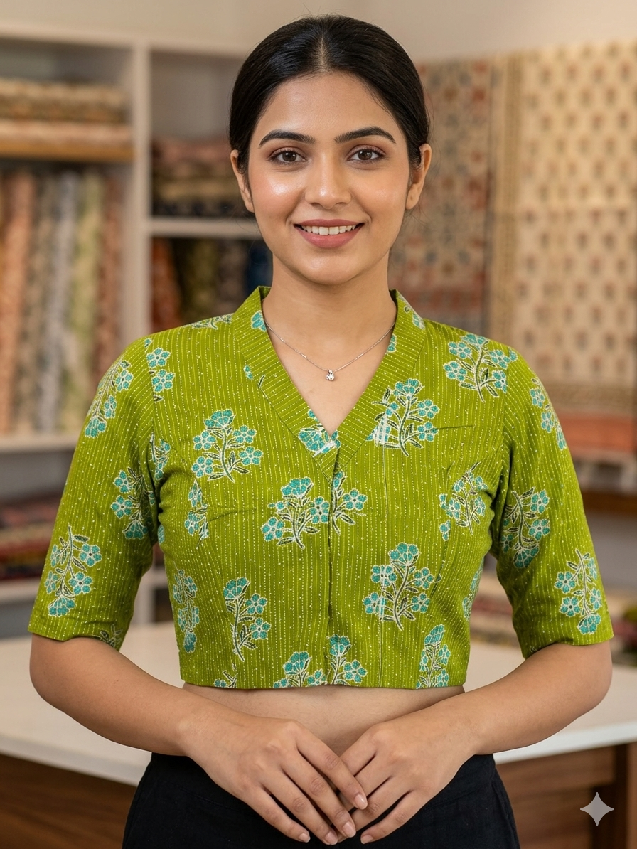 Green Floral Handblock Print Cotton Blouse