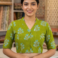 Green Floral Handblock Print Cotton Blouse
