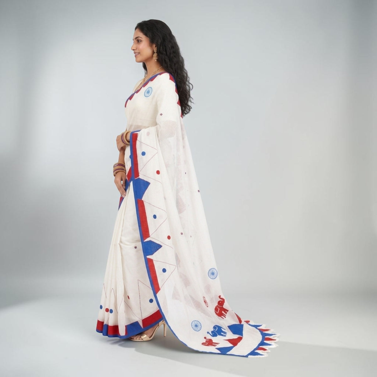 White Red Applique Cotton Saree