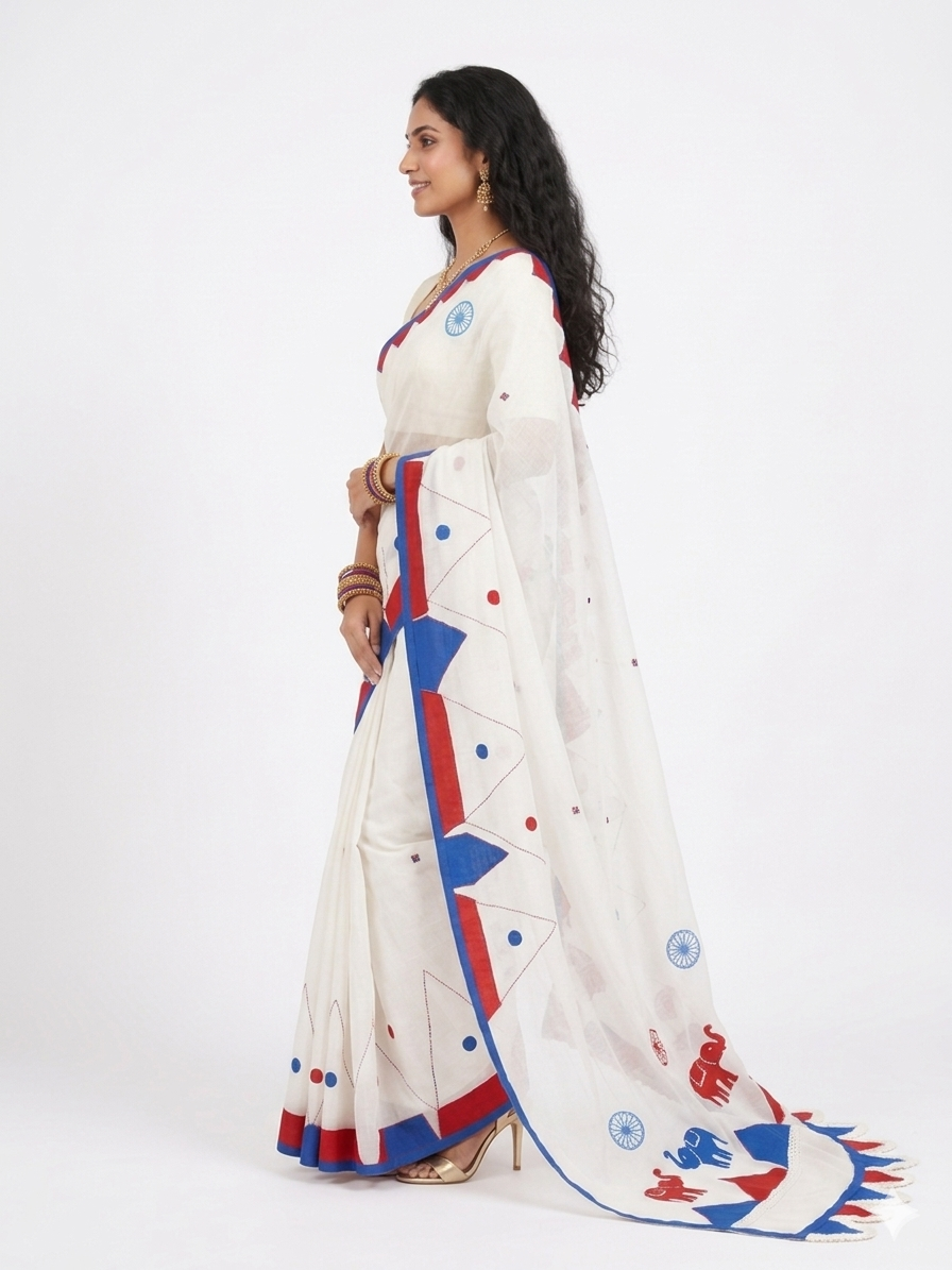 White Red Applique Cotton Saree