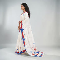 White Red Applique Cotton Saree