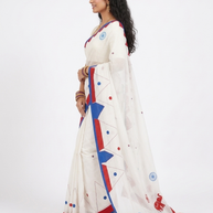 White Red Applique Cotton Saree