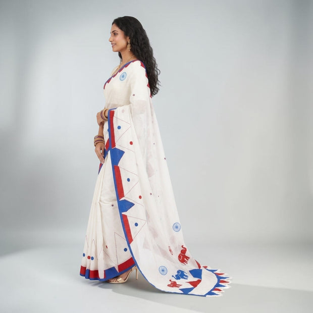 White Red Applique Cotton Saree