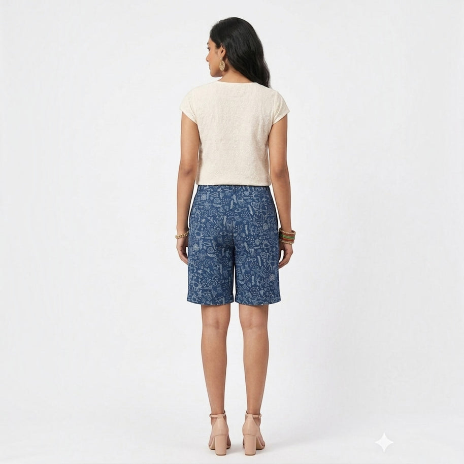 Blue Handblock Print Cotton Shorts