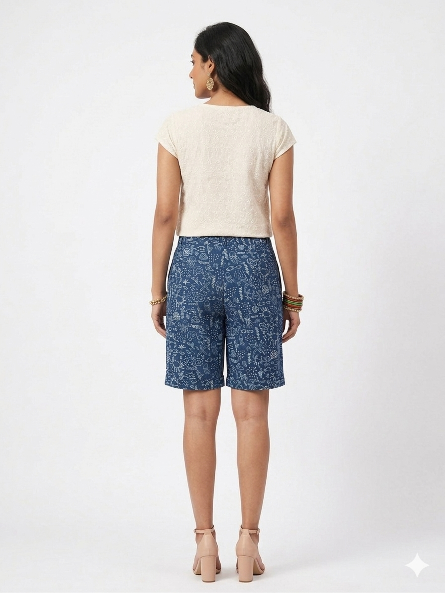 Blue Handblock Print Cotton Shorts