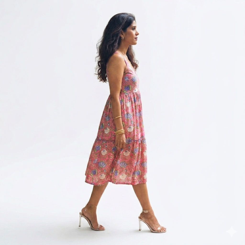 Pink Multicolour Smocking Handblock Cotton Strap Dress