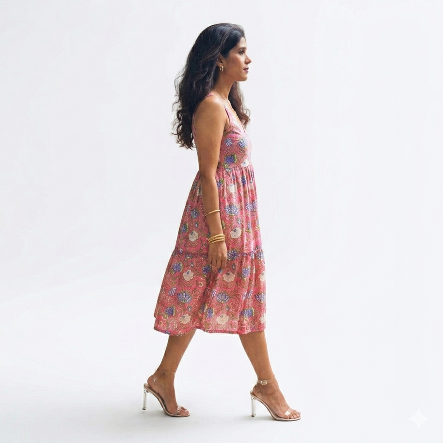 Pink Multicolour Smocking Handblock Cotton Strap Dress