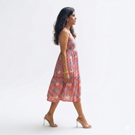 Pink Multicolour Smocking Handblock Cotton Strap Dress