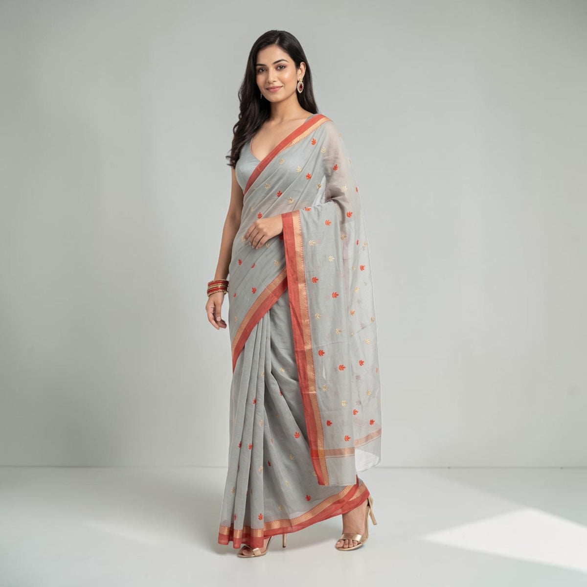 Grey Orange Floral Cotton Saree