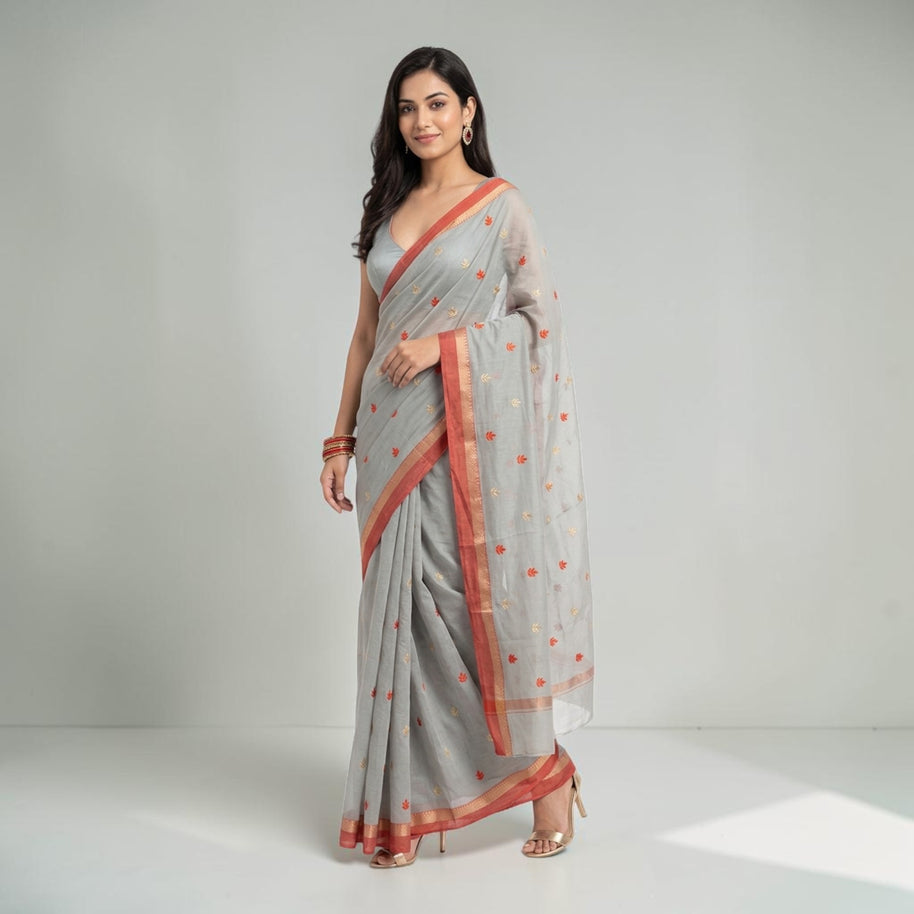 Grey Orange Floral Cotton Saree