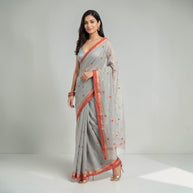 Grey Orange Floral Cotton Saree