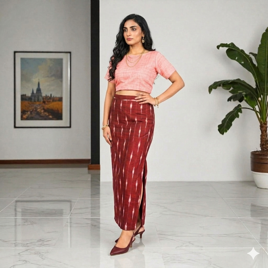 Maroon White Handwoven Ikat Cotton Long Skirt