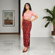 Maroon White Handwoven Ikat Cotton Long Skirt