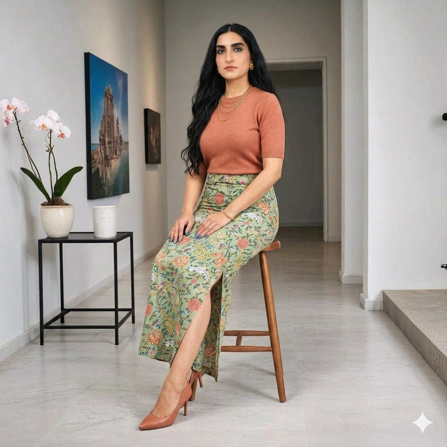 Olive Green Floral Hand Block Print Long Skirt