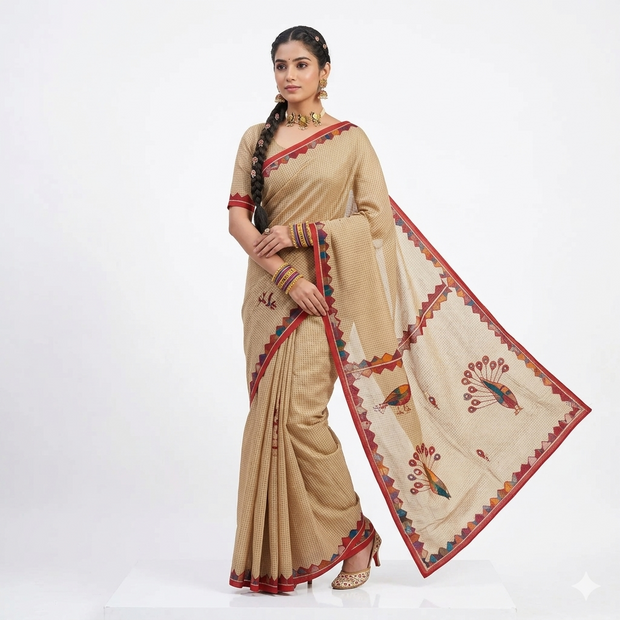 Light Brown Applique Kota Cotton Saree