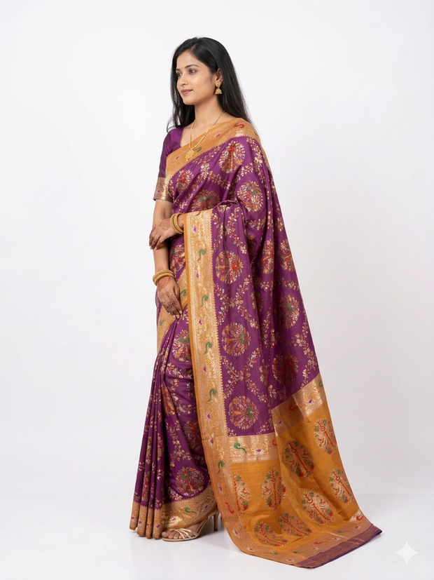 Purple Mustard Zari Work Silk Saree