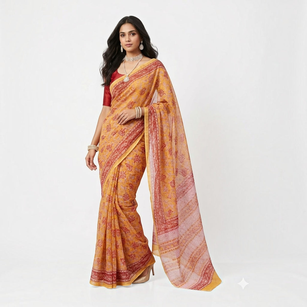 Yellow Red Handblock Kota Cotton Saree