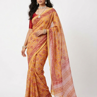 Yellow Red Handblock Kota Cotton Saree