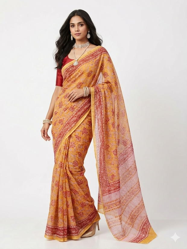 Yellow Red Handblock Kota Cotton Saree