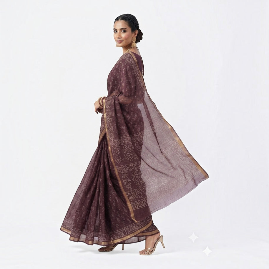 Brown Leaf Handblock Kota Cotton Saree