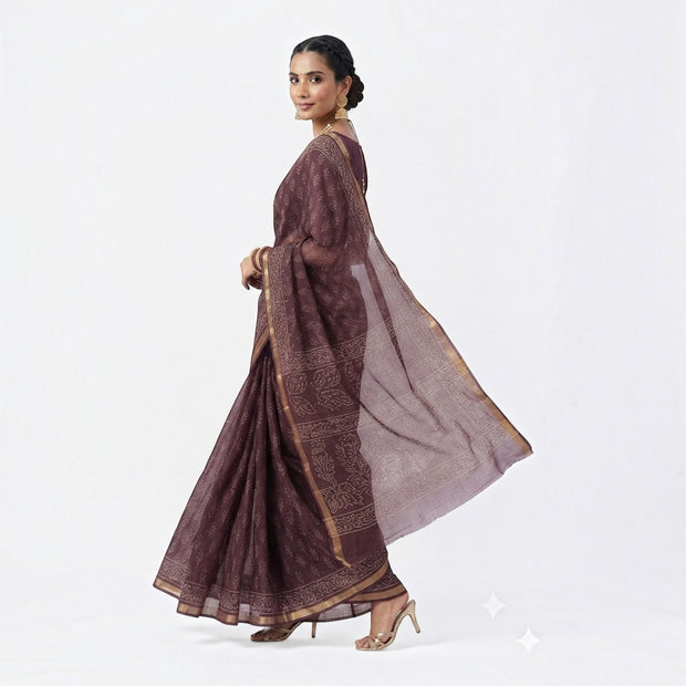Brown Leaf Handblock Kota Cotton Saree