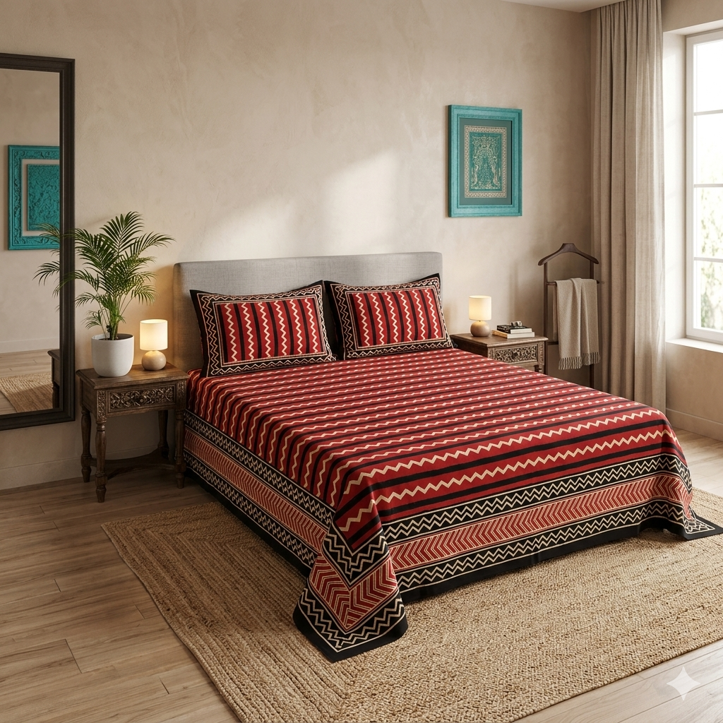 Black Cream Wave Handblock Print Double Bedsheet