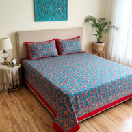 Royal Blue Maroon Handblock Print Double Bedsheet
