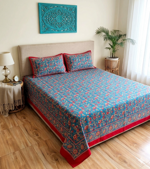Royal Blue Maroon Handblock Print Double Bedsheet