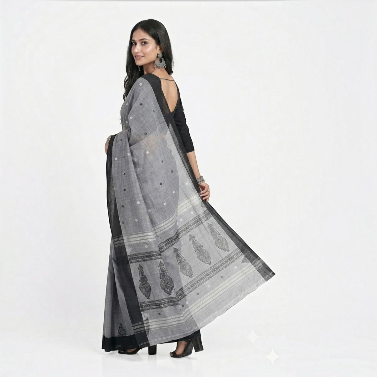 Grey Black Work Cotton Saree